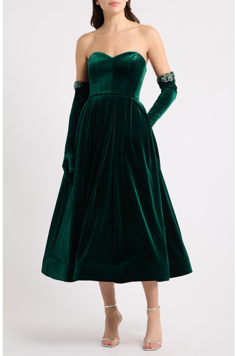 Fit & Flare Velvet Party Dress, Main, color, EMERALD