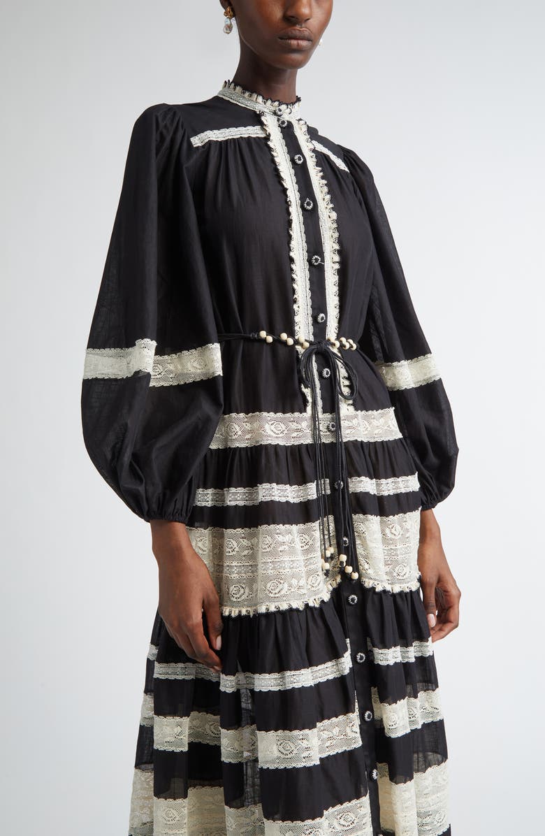 Zimmermann Rhiannon Lace Stripe Long Sleeve Billow Midi Shirtdress, Alternate, color, Black/ Cream