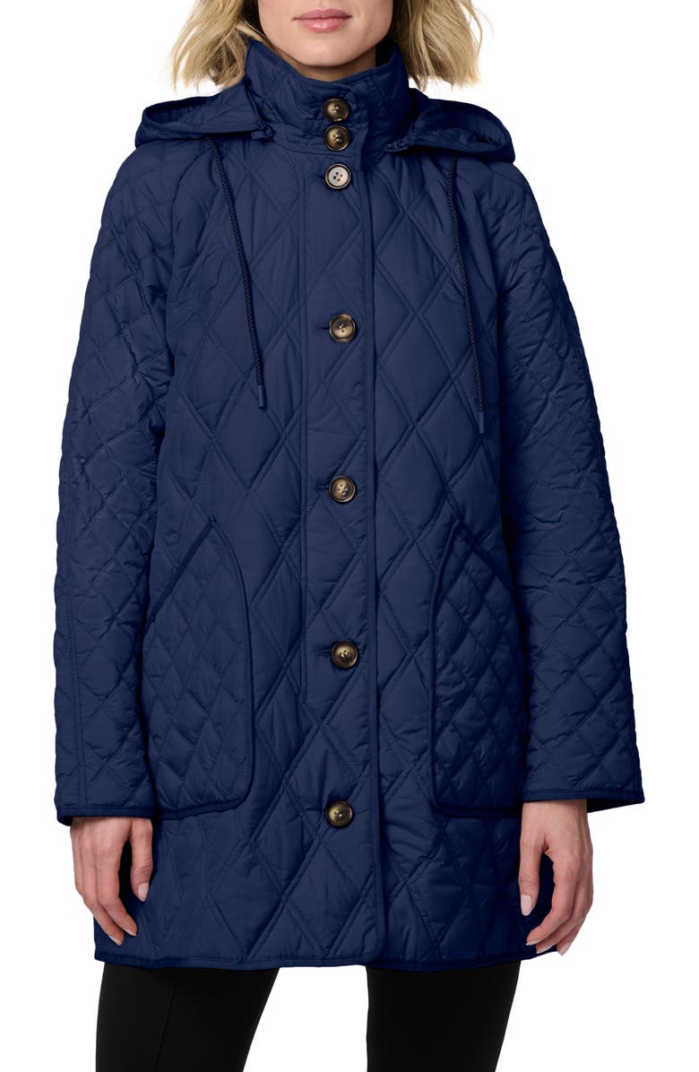 Bernardo Diamond Quilted Hooded Liner Jacket, Main, color, Navy