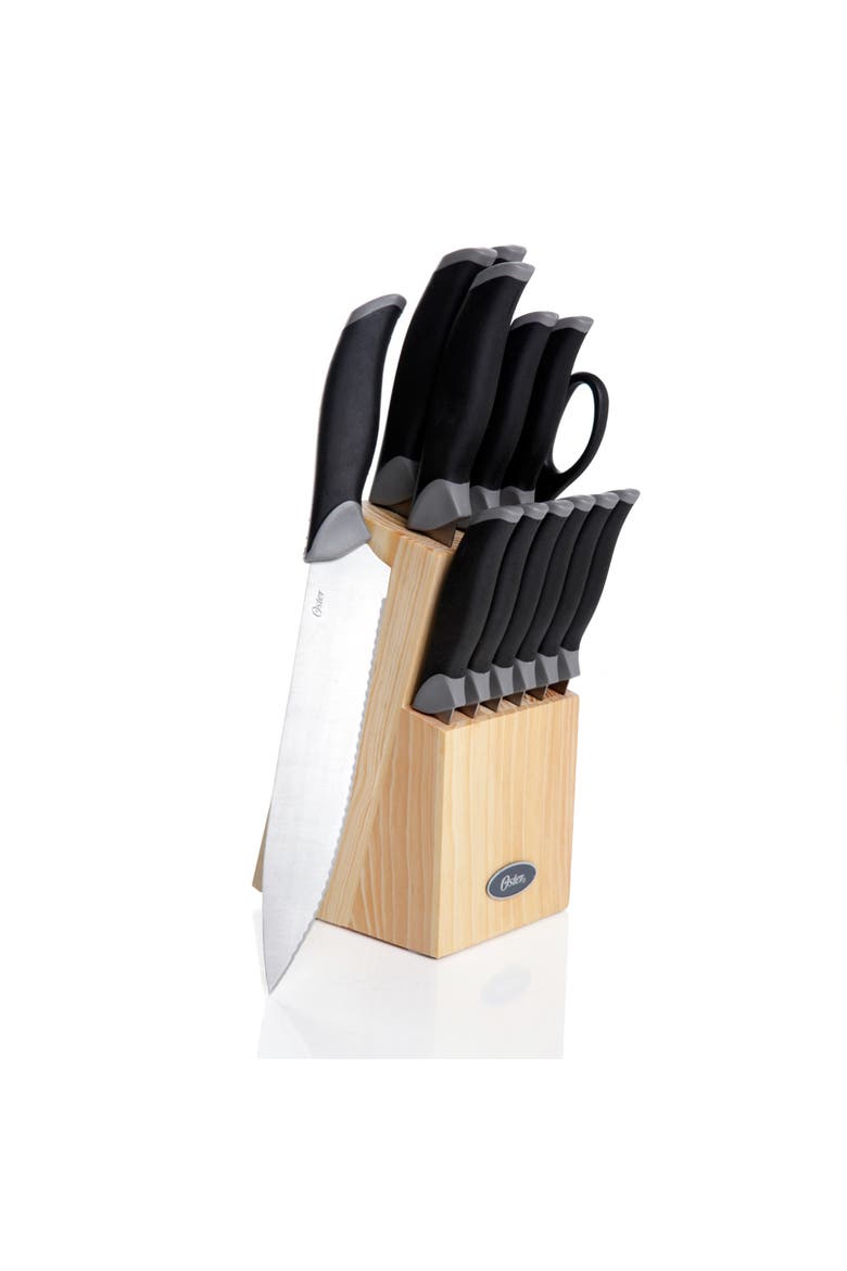 Lingbergh 14 Piece Stainless Steel Cutlery Knife Set with Pine Wood Block, Main, color, Black