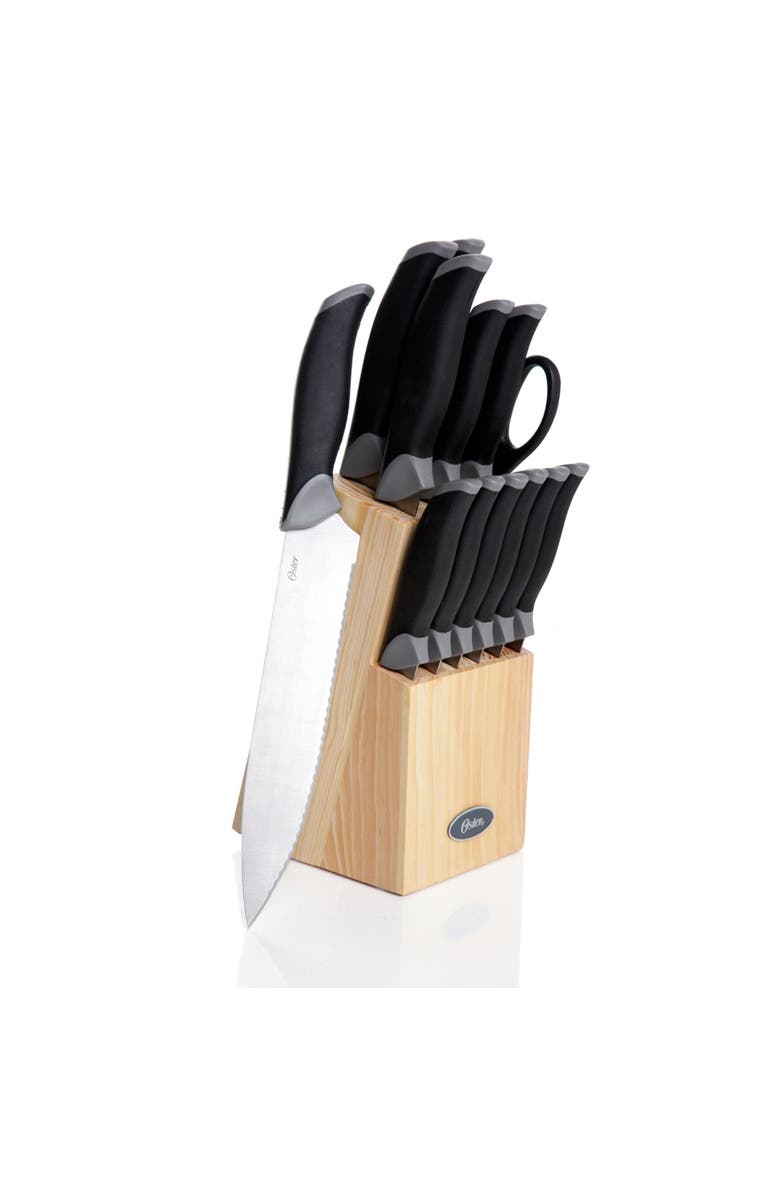 OSTER Lingbergh 14 Piece Stainless Steel Cutlery Knife Set with Pine Wood Block, Main, color, Black