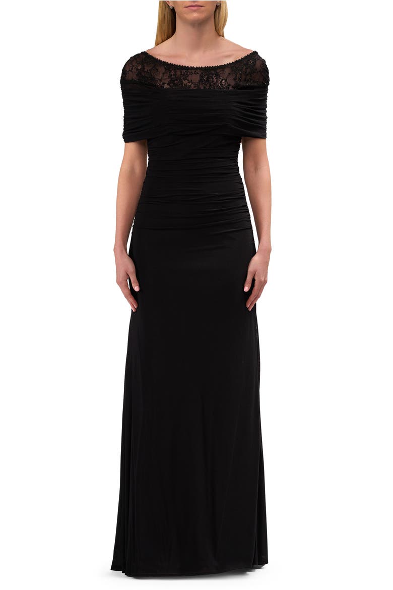 Ruched Evening Dress with Illusion Lace Neckline, Main, color, Black