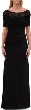 La Femme Ruched Evening Dress with Illusion Lace Neckline