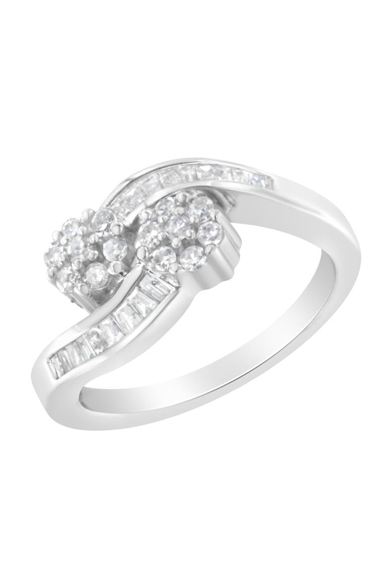 14K White Gold Round and Baguette Diamond Bypass Ring, Main, color, White Gold