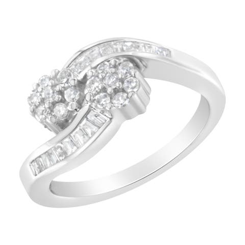 14K White Gold Round and Baguette Diamond Bypass Ring