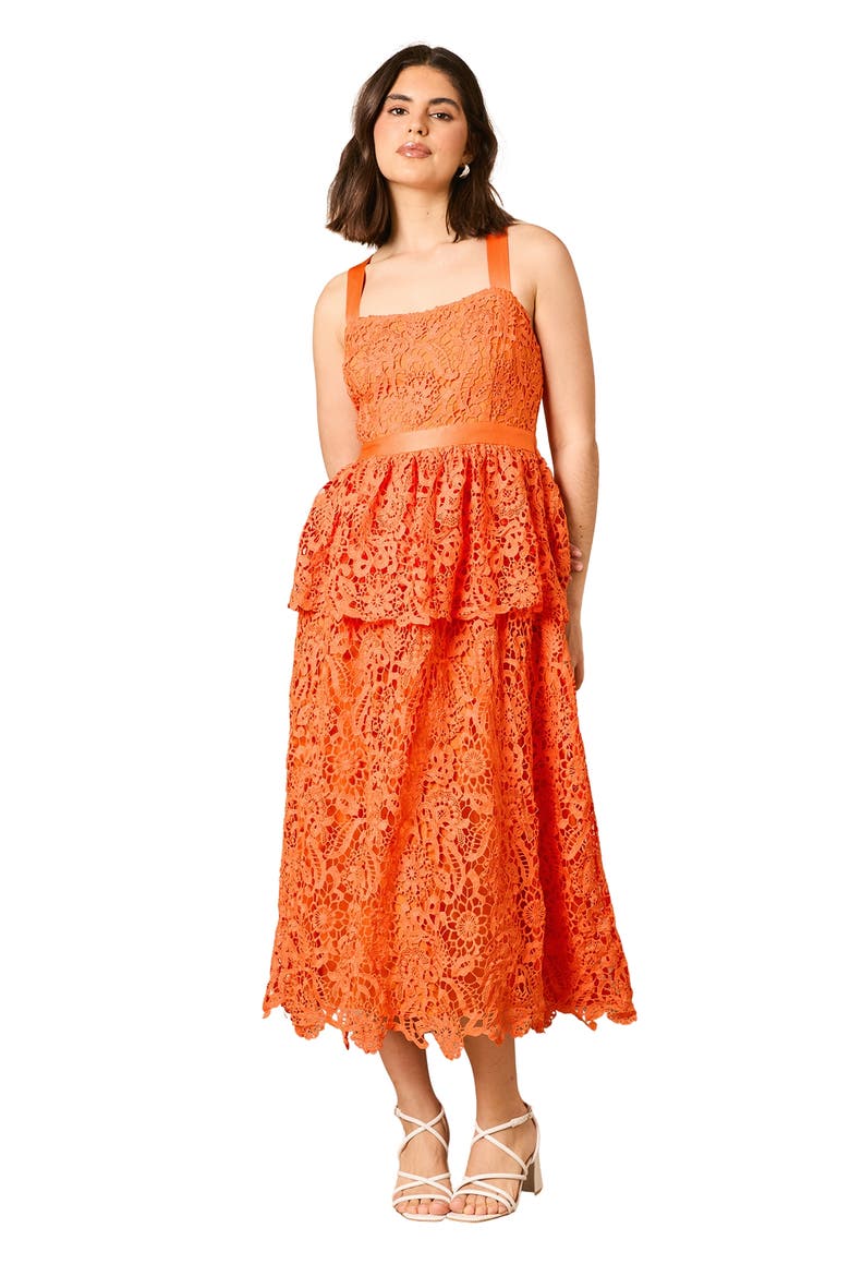 Cross Strap Tiered Lace Midi Dress, Main, color, Orange
