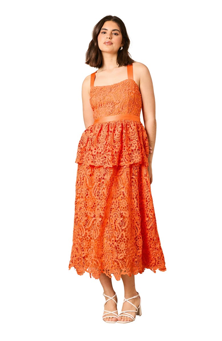 Oasis Cross Strap Tiered Lace Midi Dress, Main, color, Orange