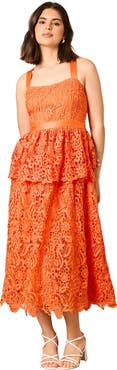 Oasis Cross Strap Tiered Lace Midi Dress