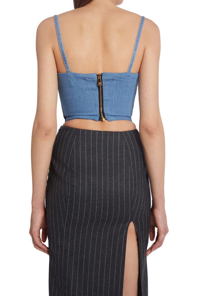 Medusa Embellished Denim Corset Top, Alternate, color, BLUE NERO