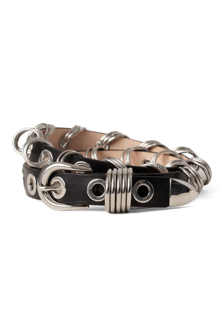 Revenge Leather Belt, Main, color, BLACK/SILVER