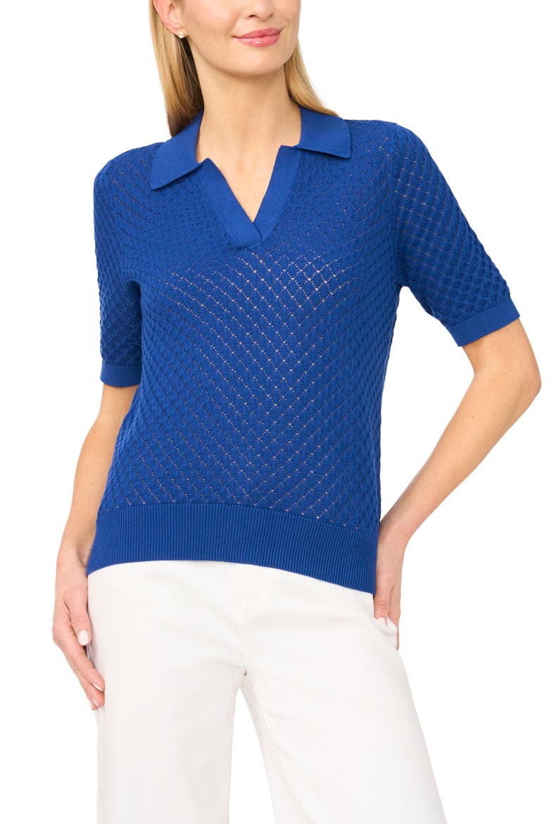 Pointelle Short Sleeve Cotton Polo Sweater, Main, color, OCEAN WAVES