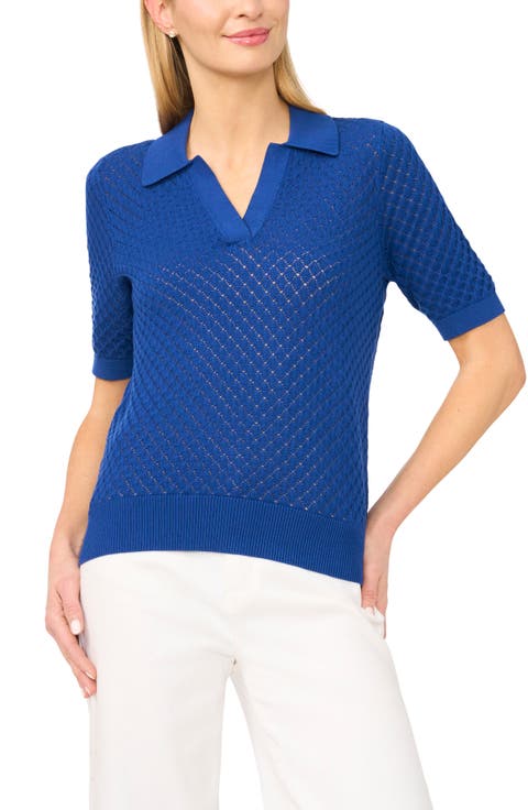 Pointelle Short Sleeve Cotton Polo Sweater