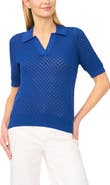 Halogen® Pointelle Short Sleeve Cotton Polo Sweater
