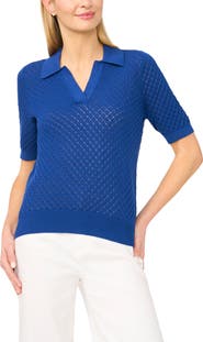 Halogen® Pointelle Short Sleeve Cotton Polo Sweater