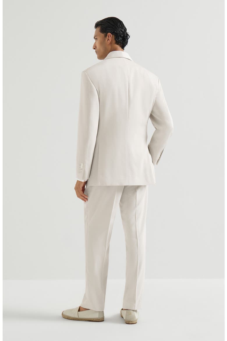 Délavé silk twill tuxedo with one-and-a-half breasted blazer with shawl lapel and trousers with double pleats, Alternate, color, Panama