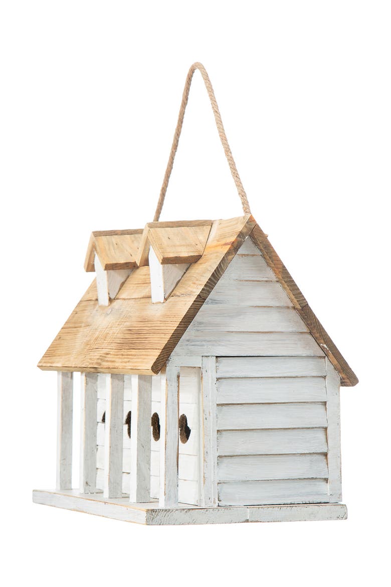14.25"L Oversized Distressed Solid Wood Cottage Birdhouse with Natural Wood Roof, Alternate, color, White