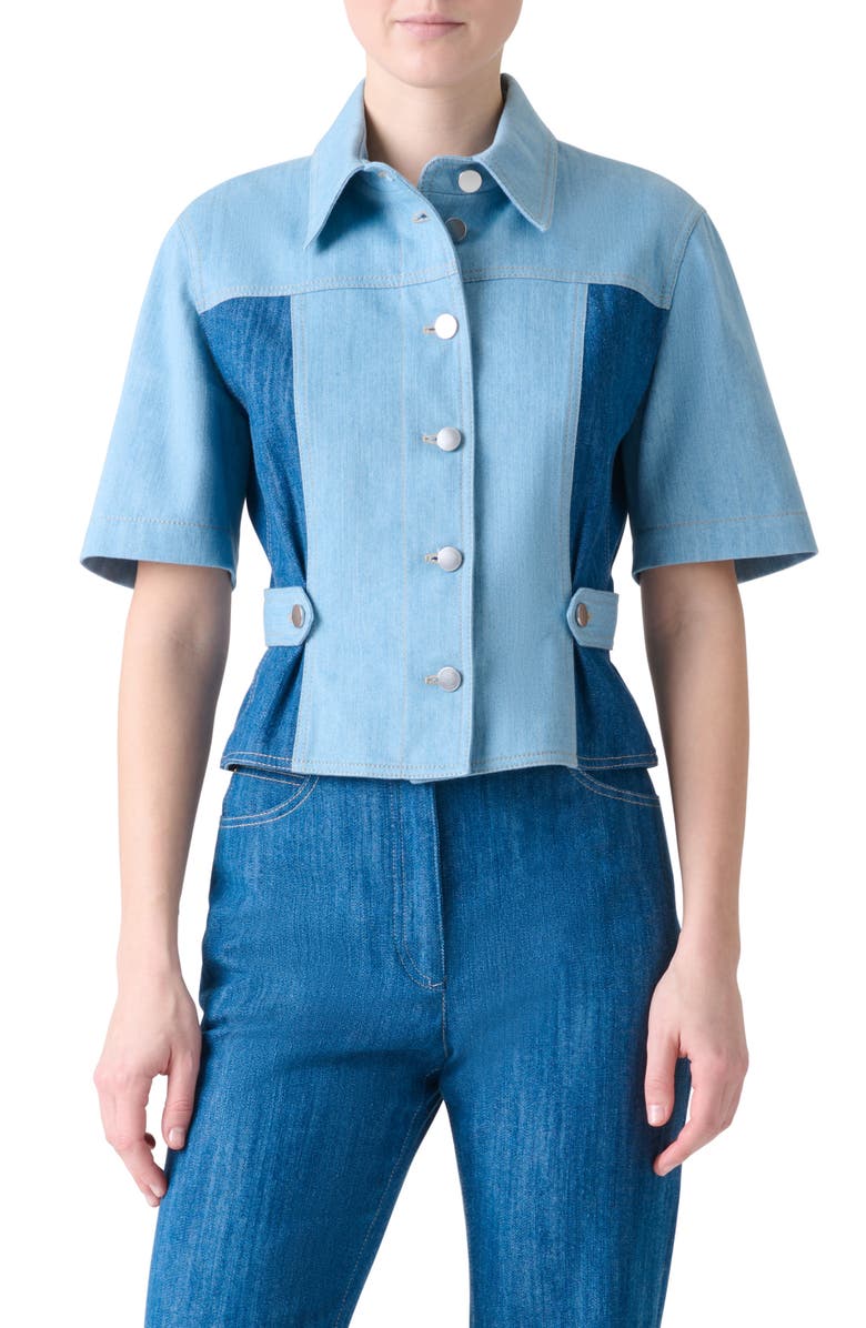 Akris punto Mixed Wash Denim Button-Up Shirt, Main, color, Sky Denim-Medium Denim