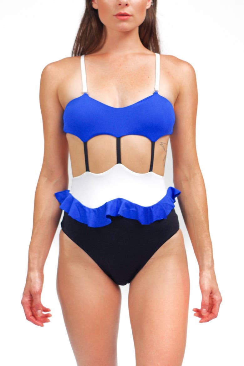 Mitchy One Piece Swimsuit With Ruffle Waist, Main, color, White/Black/Royal Blue