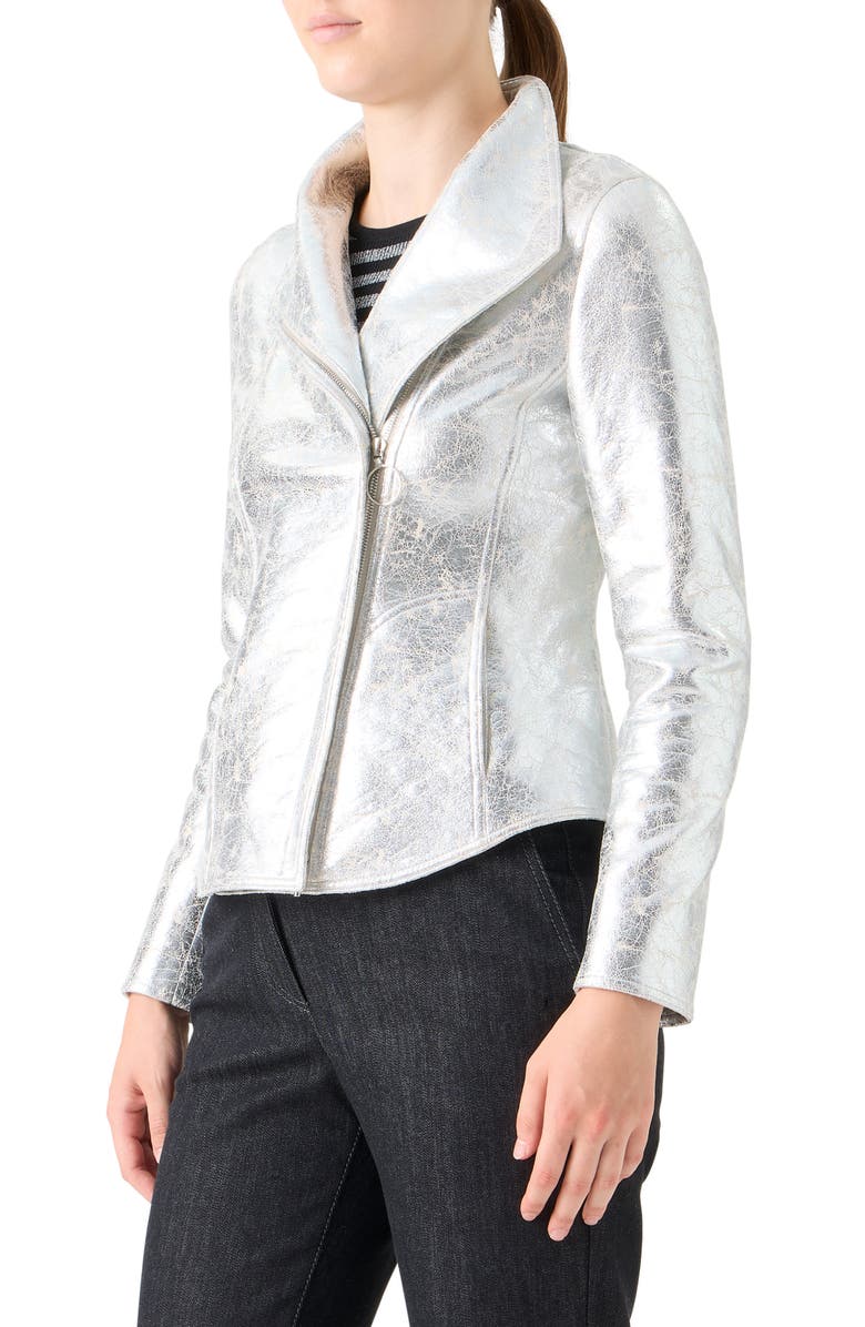 Akris punto Metallic Faux Leather Moto Jacket, Alternate, color, Aluminium