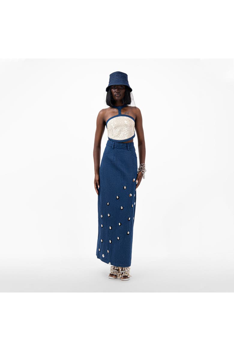 Cowrie Shell Embellished Denim Maxi Skirt, Alternate, color, Blue