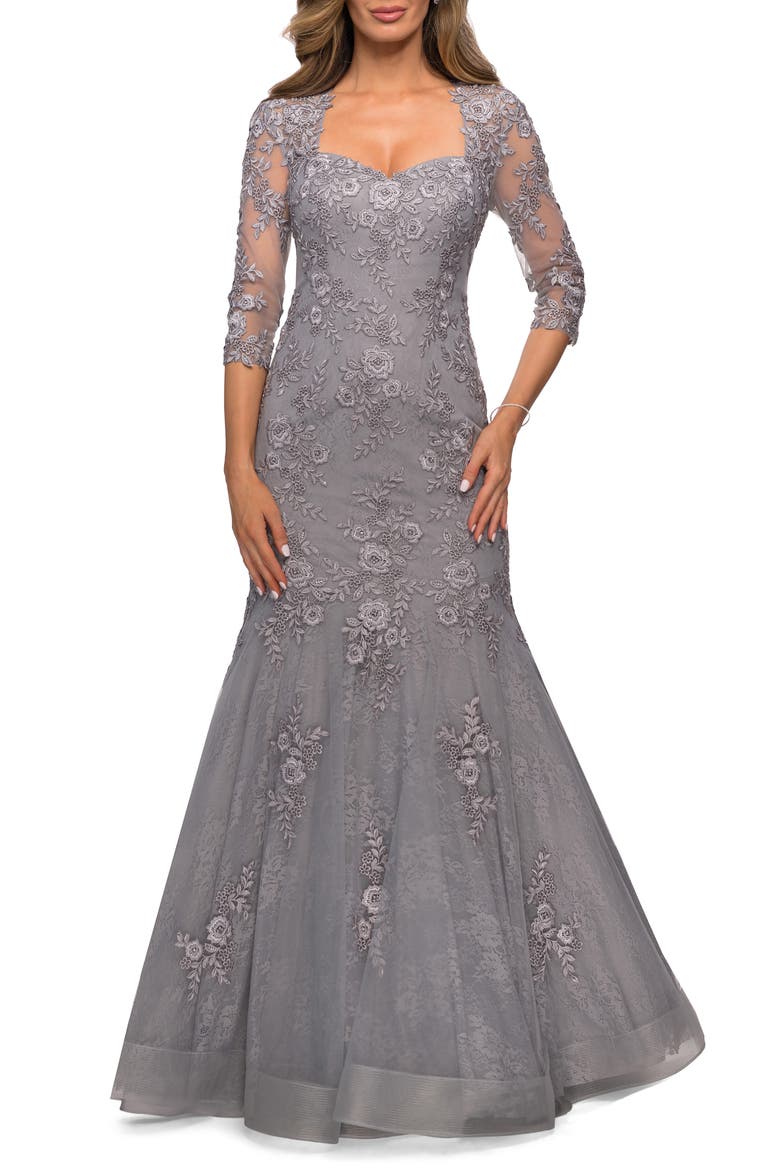 Floral Lace & Tulle Mermaid Gown, Main, color, SILVER