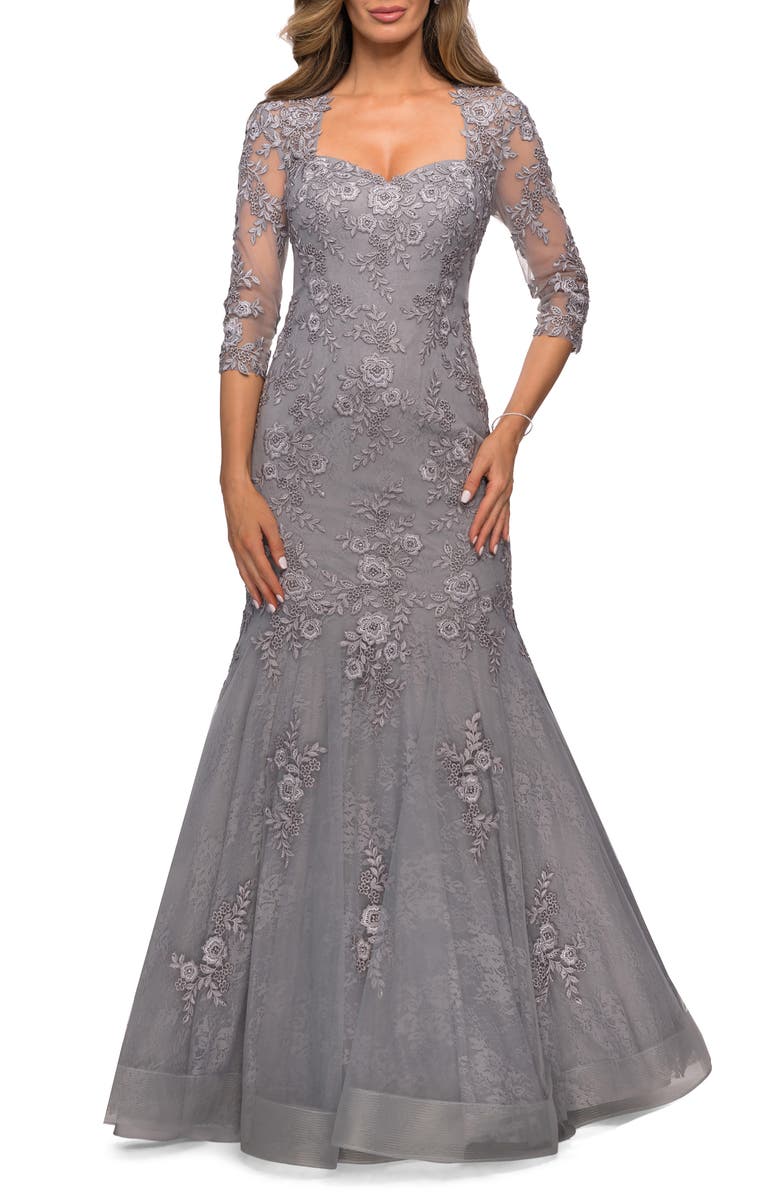 La Femme Floral Lace & Tulle Mermaid Gown, Main, color, 