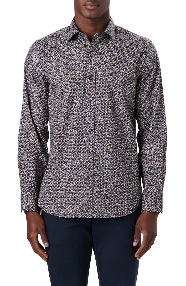 Bugatchi Julian Shaped Fit Geo Print Stretch Cotton Button-Up Shirt, Main, color,