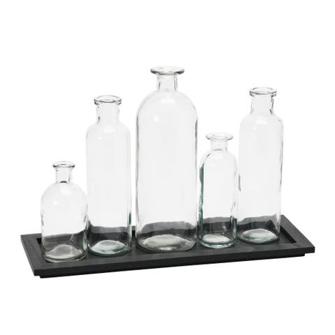 Black Wood Tray with Glass Bottle Vases, Set of 5 Sizes