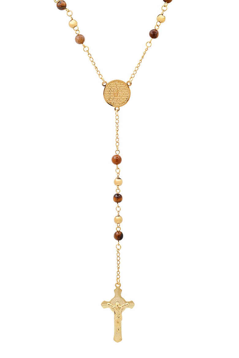 Mens' 18K Gold Plate Stainless Steel Crystal Rosary Necklace, Main, color, BROWN/ GOLD