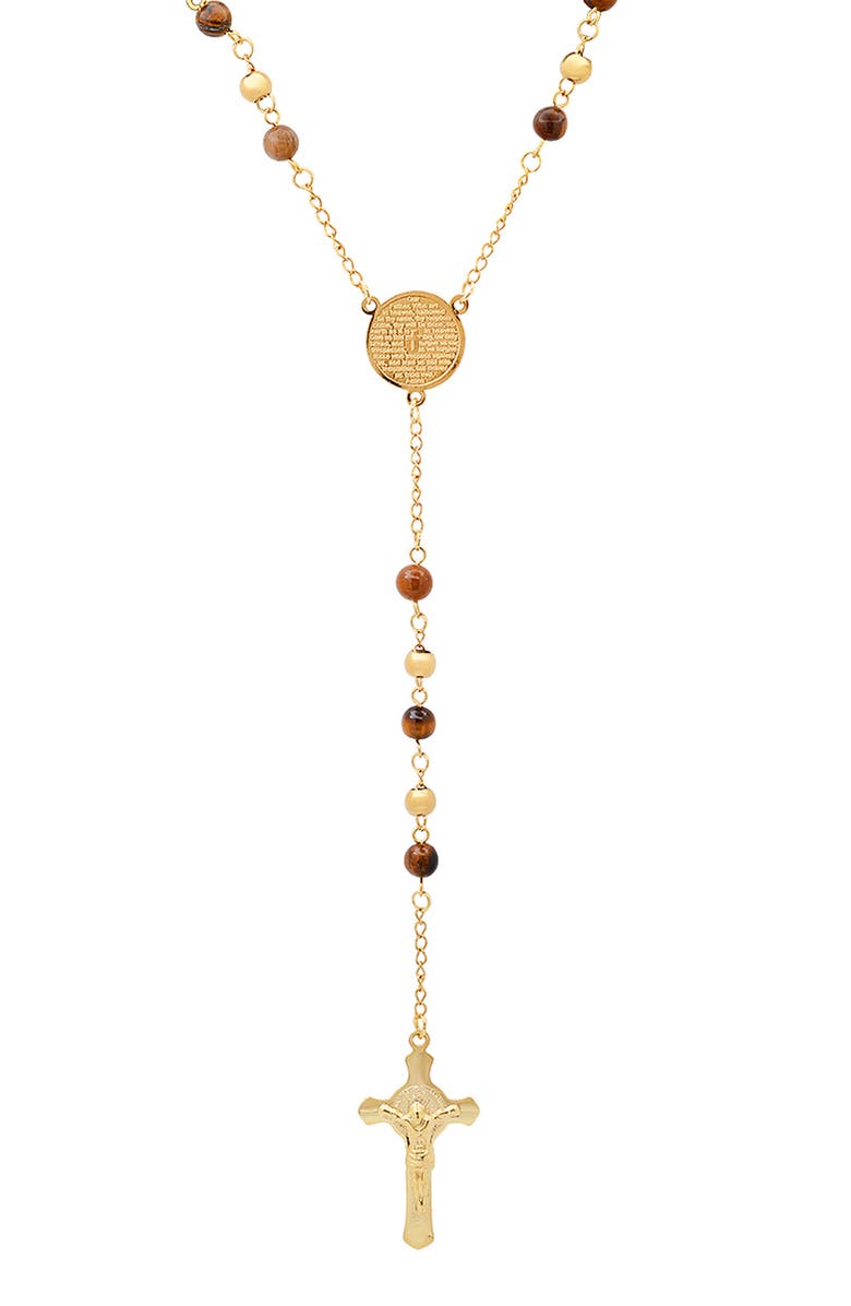 HMY JEWELRY Mens' 18K Gold Plate Stainless Steel Crystal Rosary Necklace, Main, color, Brown/ Gold