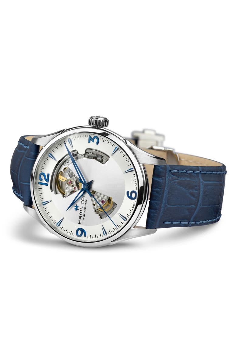 Hamilton Jazzmaster Skeleton Leather Strap Watch, 42mm, Alternate, color, Blue