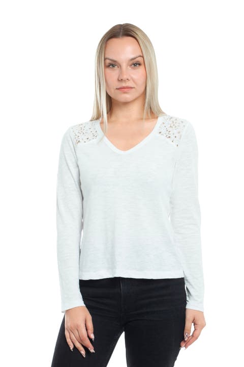 V-Neck Long Sleeve Mixed Media Tee with Lace Inset