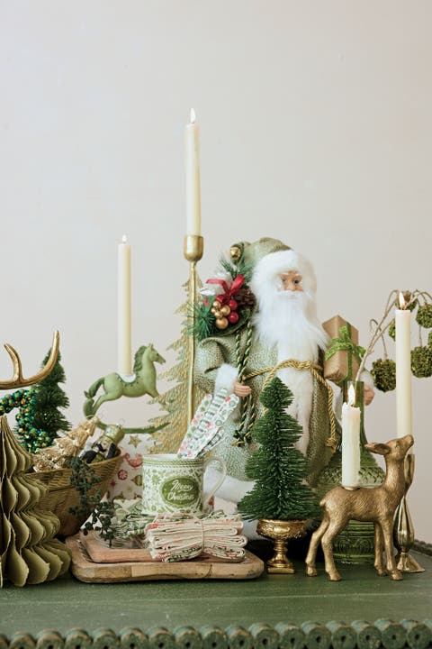 Glittered PVC Bottle Brush Tree in Resin Urn, Green & Gold