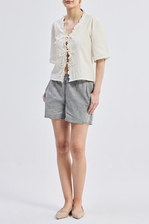 Relaxed Fit Top With Ruffles and Front-Ties