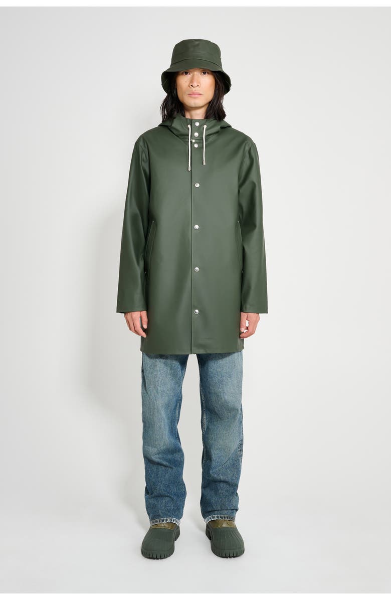 Stutterheim Stockholm Long Sleeve Hooded Raincoat, Main, color, Green