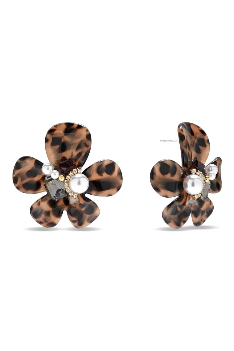 Arabella Imitation Pearl Flower Post Earrings, Main, color, BROWN