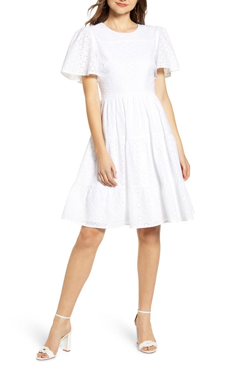 Mixed Eyelet A-Line Dress, Main, color, WHITE
