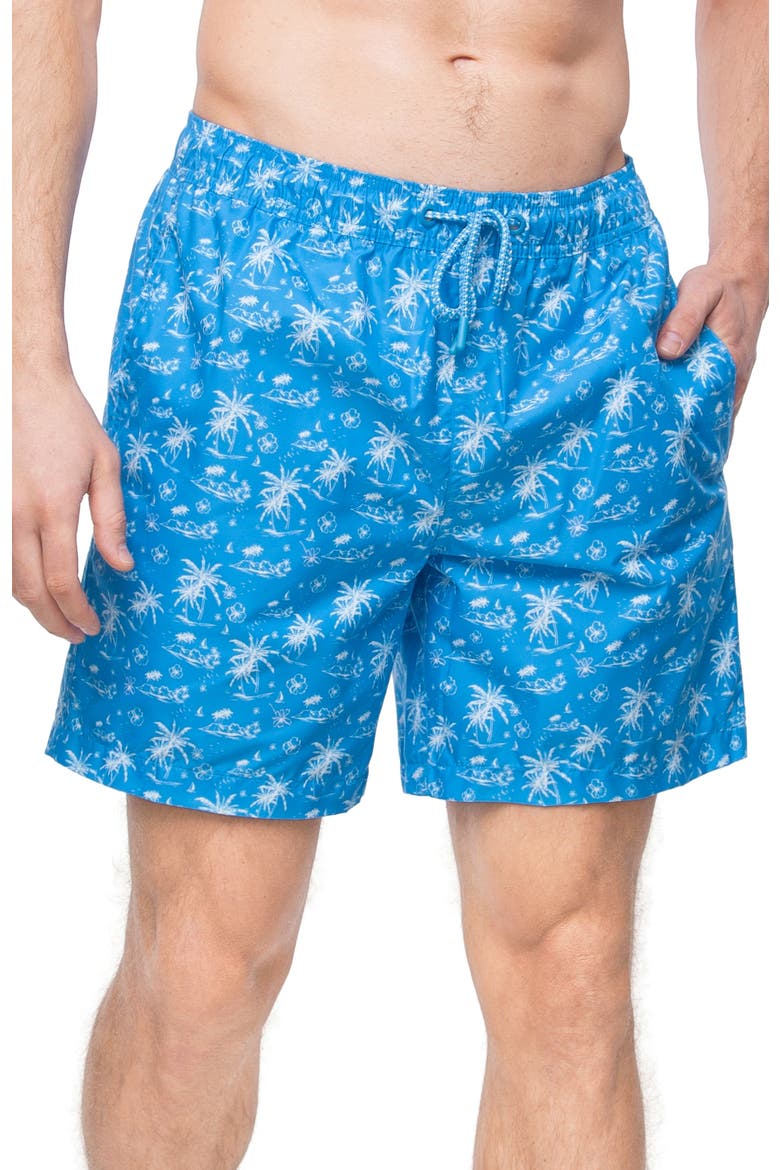 Men's 7" Compression Liner Swim Trunks with Back Zipper Pocket, UPF 50+, Alternate, color, Blue Tropical Print