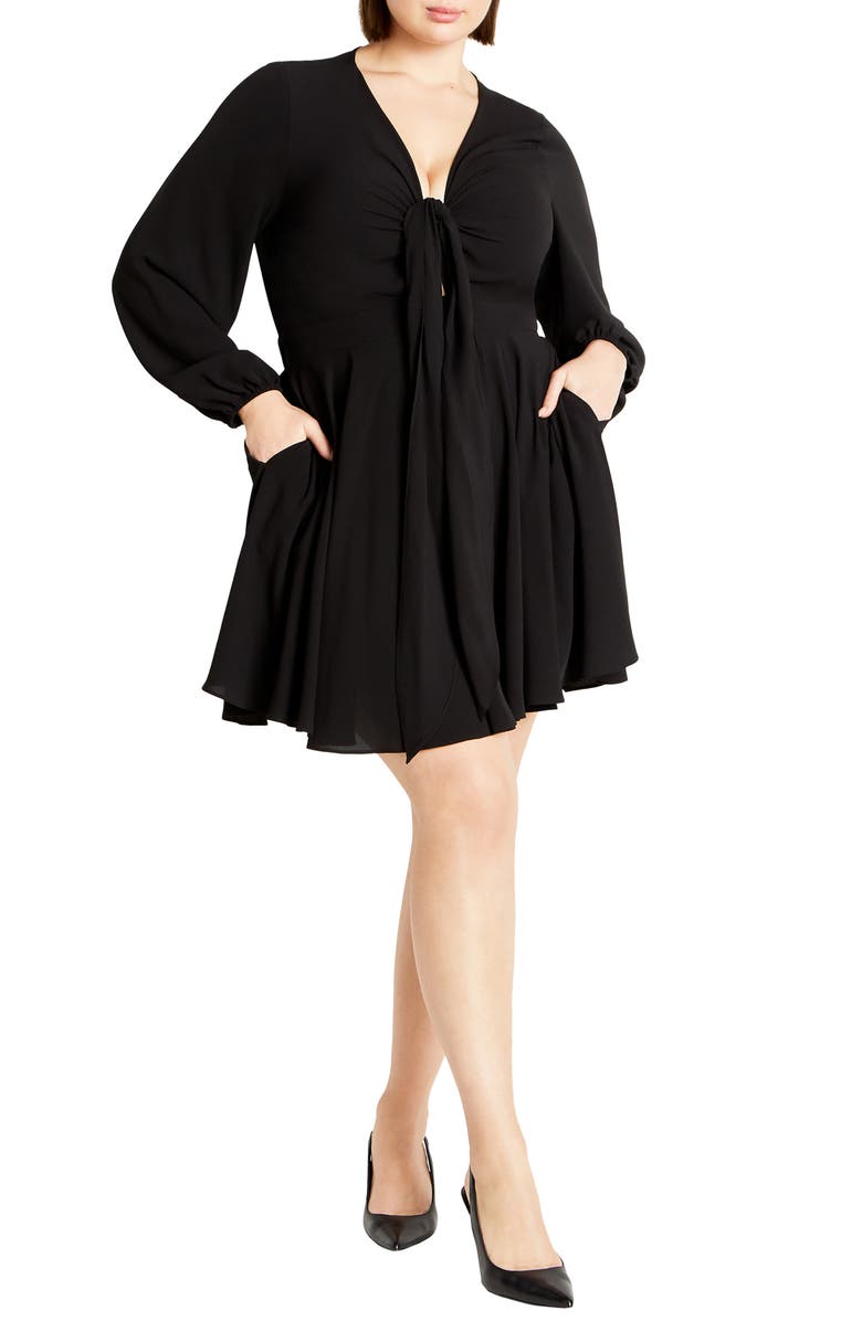 City Chic Adelyn Tie Front Long Sleeve Dress, Main, color, 