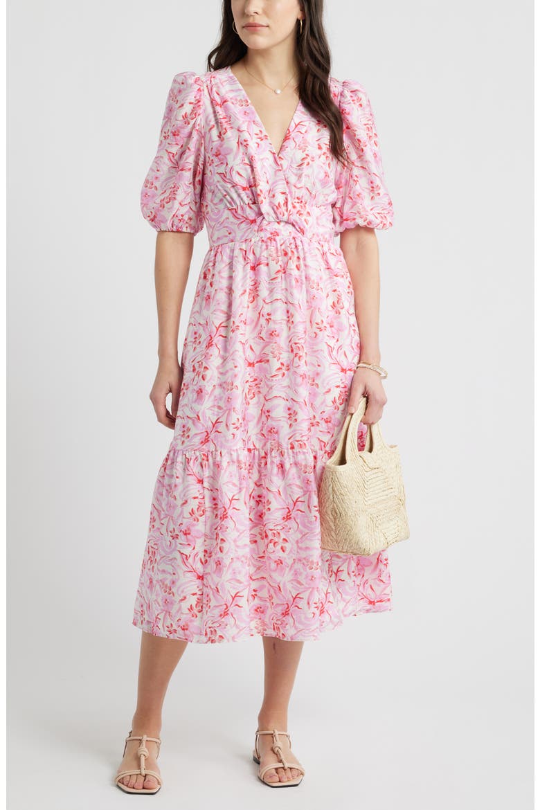 Twist Detail Allover Print Midi Dress, Main, color, IVORY/ PINK DAISY GARDEN