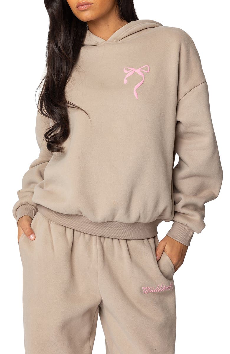 EDIKTED Sasha Bow Detail Hoodie, Main, color, Beige