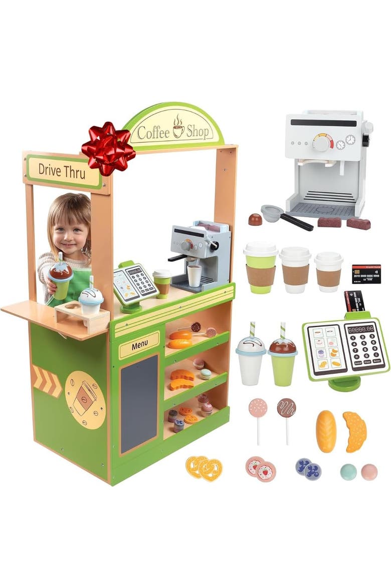 Coffee Shop Wooden Playset - Drive Thru Window Fun - 25 Pieces, Includes Frappuccino w Straws, Espresso Maker, Bread, Pastries, and more!, Main, color, Green