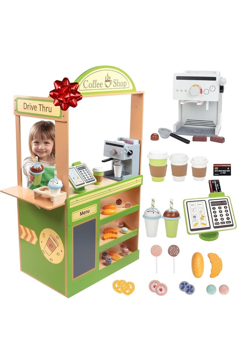 SVAN Coffee Shop Wooden Playset - Drive Thru Window Fun - 25 Pieces, Includes Frappuccino w Straws, Espresso Maker, Bread, Pastries, and more!, Main, color, Green