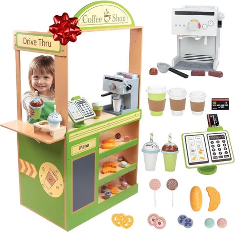 Coffee Shop Wooden Playset - Drive Thru Window Fun - 25 Pieces, Includes Frappuccino w Straws, Espresso Maker, Bread, Pastries, and more!