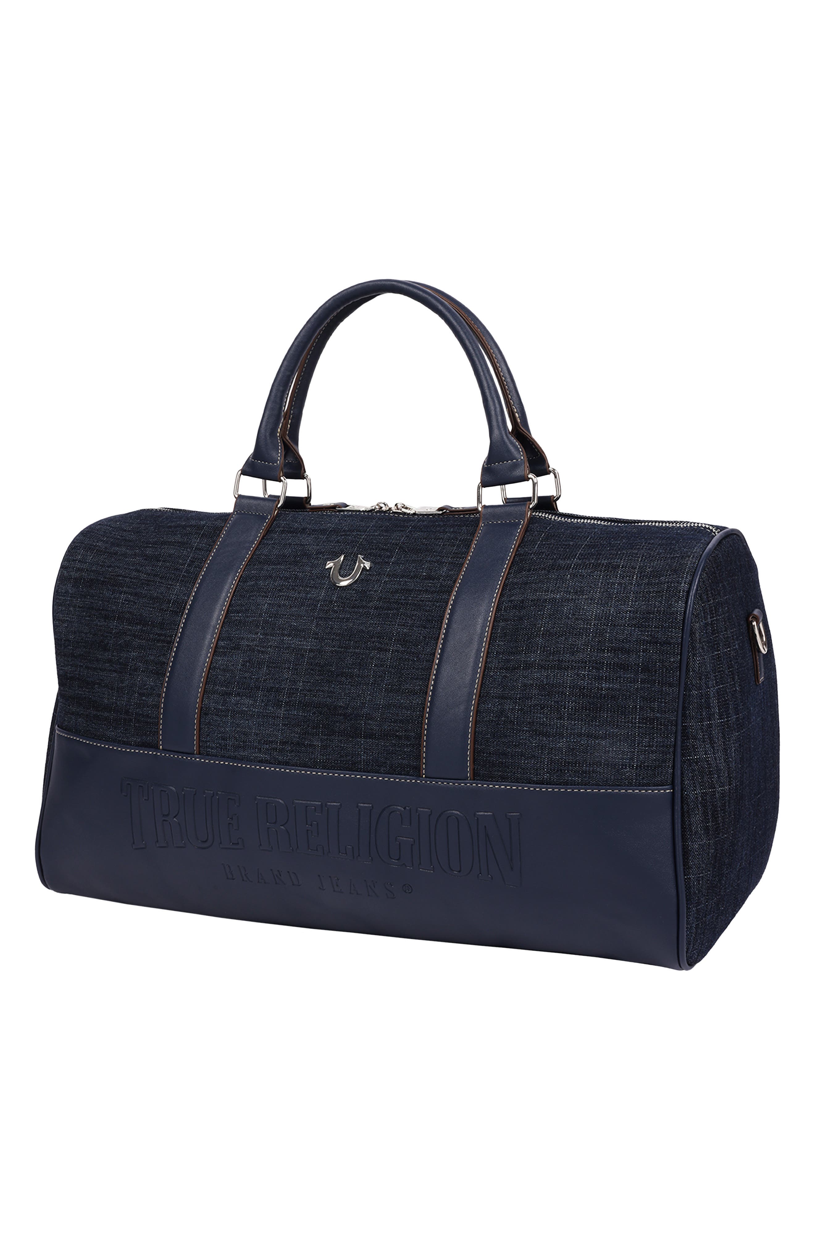 Horseshoe Quilted Denim Weekender Bag, Alternate, color, DARK DENIM