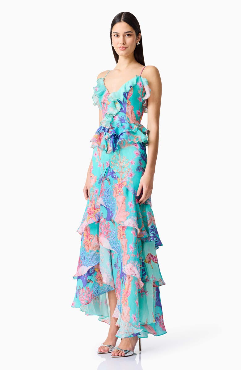 Elliatt Coral Print Tiered High-Low Gown, Alternate, color, Blue Multi