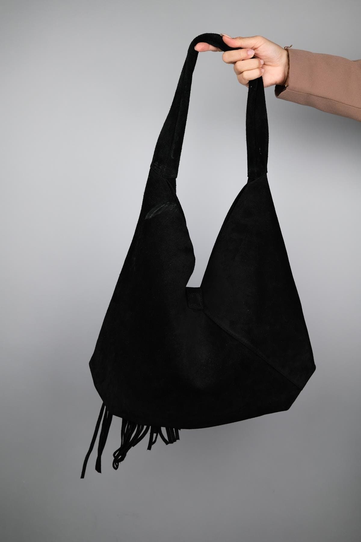 Forever & Always Shoes Rosalin Leather Tassel Shoulder Bag, Alternate, color, Black Suede