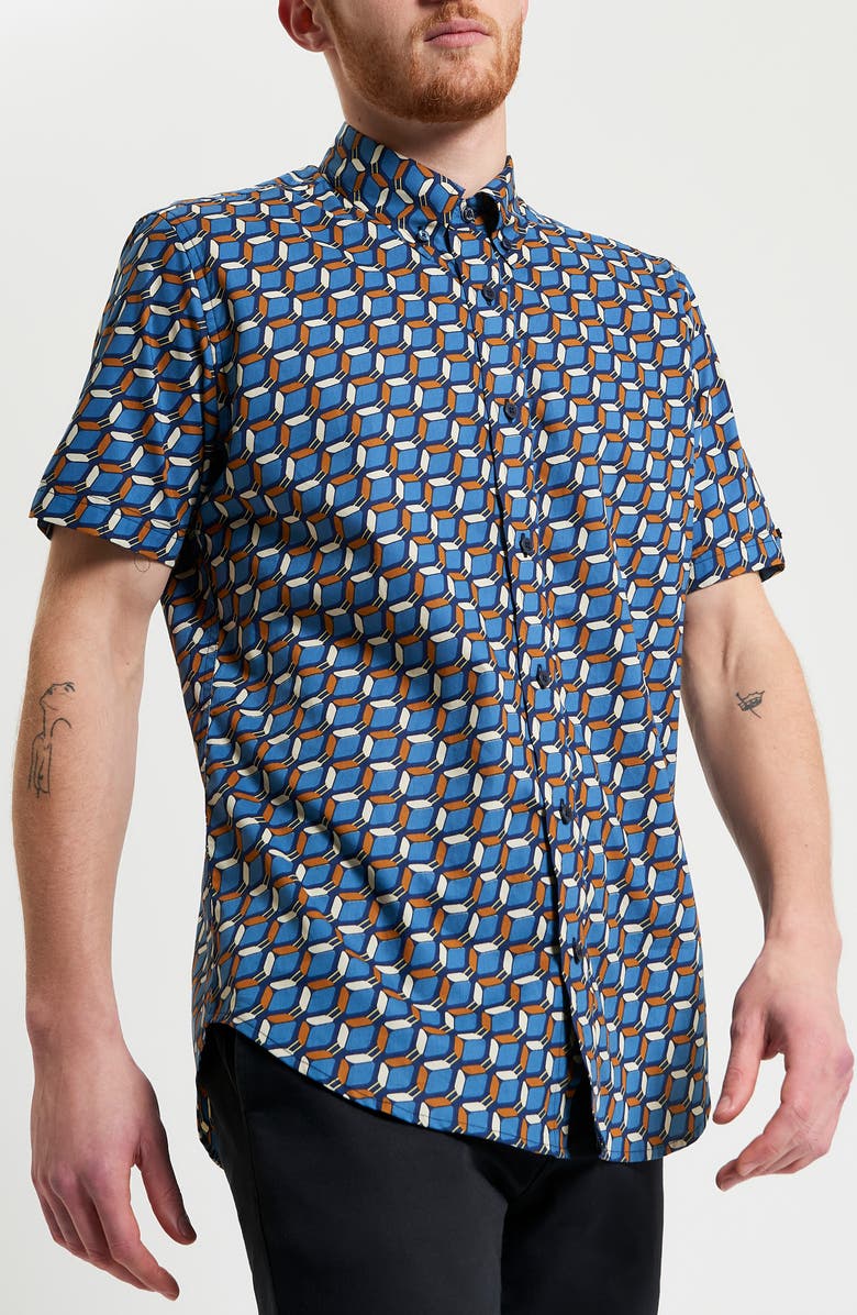 Ben Sherman Retro Geo Print Short Sleeve Organic Cotton Button-Down Shirt, Main, color, 