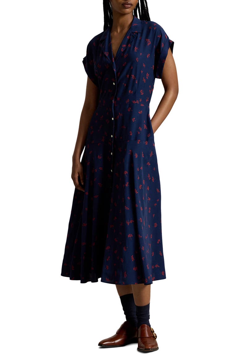 Floral Viscose Midi Shirt Dress, Main, color, 2054 COSMO FLORAL NVY-RD MULTI