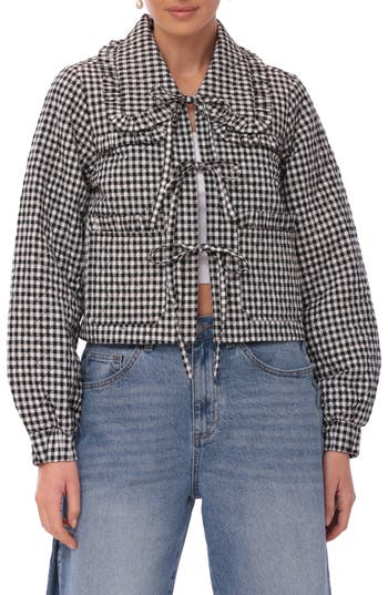 Avec Les Filles Quilted Cotton Tie Front Jacket In Black Gingham